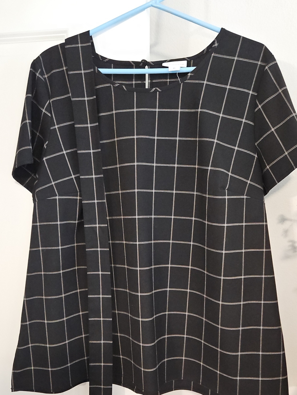 Windowpane Black Short-Sleeve Top with Side Tie